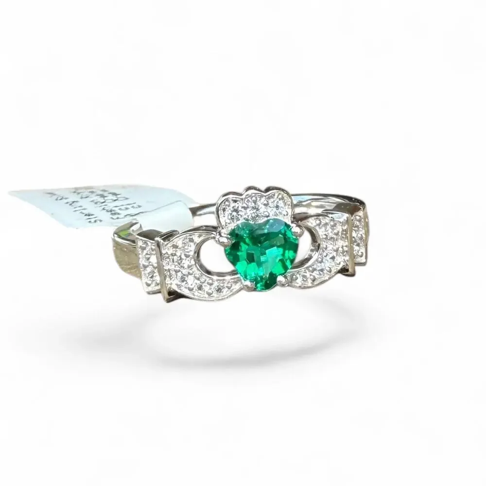 Created Green Emerald Created Sapphire Claddagh Ring 925 Sterling Silver Size 7